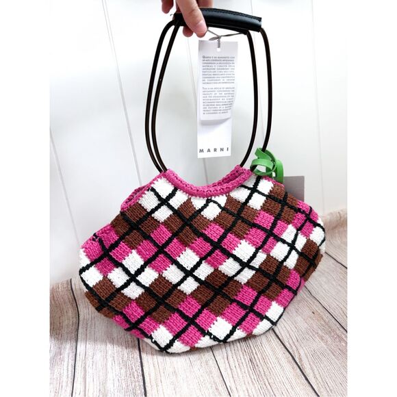 NWT Marni Market handbag in cotton knit with diamond pattern in Pink Crochet - Picture 10 of 16